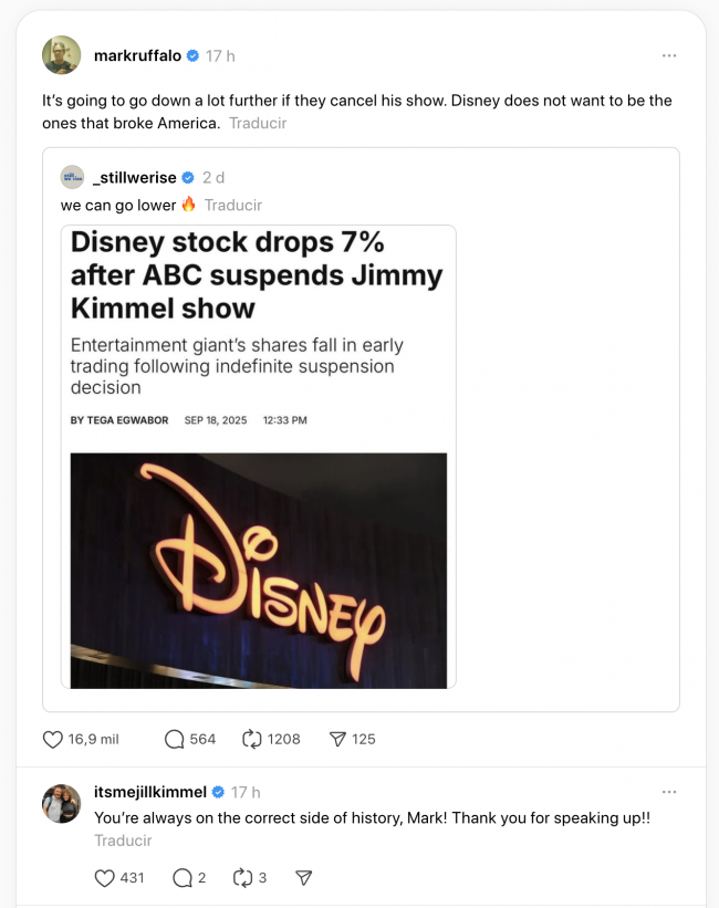 馬克·魯法洛 (Mark Ruffalo) 在 ABC 停職後支持吉米·金梅爾 (Jimmy Kimmel)