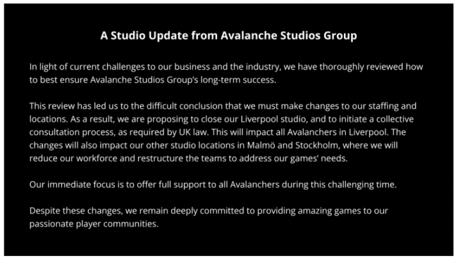 Avalanche Studios 關閉利物浦辦事處,裁員瑞典