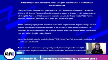 GRTV -《eFootball 2022》的11月份補丁遭到延期